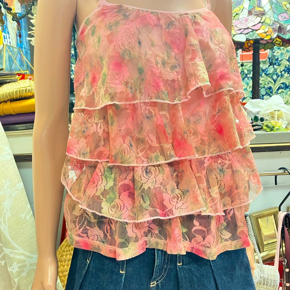 Y2K Floral Ruffle Print Lace Pink Top (without tag)